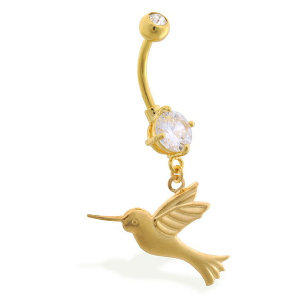 Gold Tone Belly Button Ring With Dangling Humming Bird 